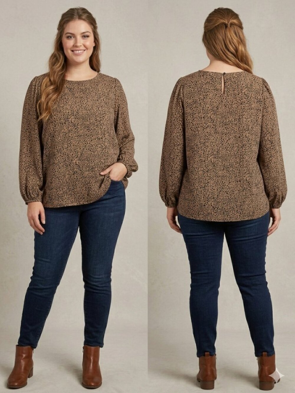 Emery Rose Women’s Leopard Print Blouse Long Sleeve Brown top Size 4XL